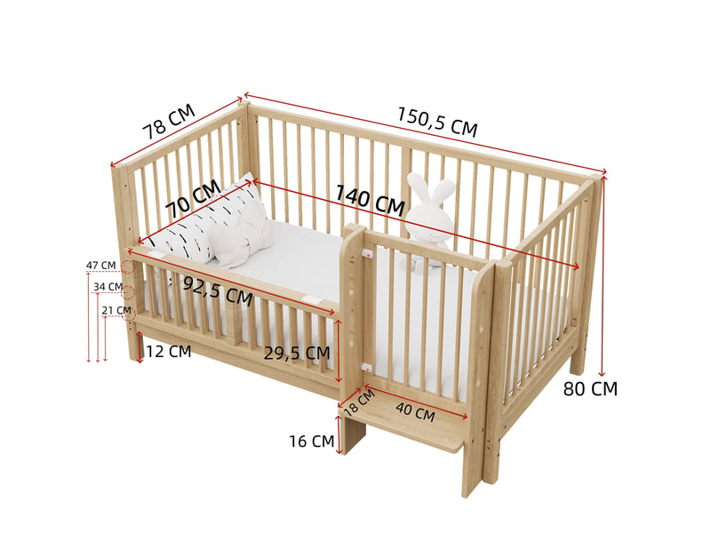  Lit bébé évolutif 140x70 cm en pin naturel, convertible en lit enfant et cododo  - Conforama C