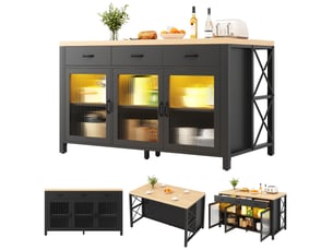 Îlot de cuisine rayofi 150 x 80 x 90 cm - 3 tiroirs, 3 portes vitrées, design industriel, led intégré, pieds réglables, noir
