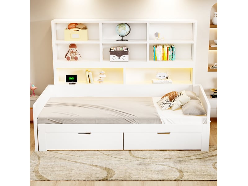 Lit jeune, lit gigogne 90180x200 cm avec rangement, led et prises, mdf couleur blanc  - Conforama B