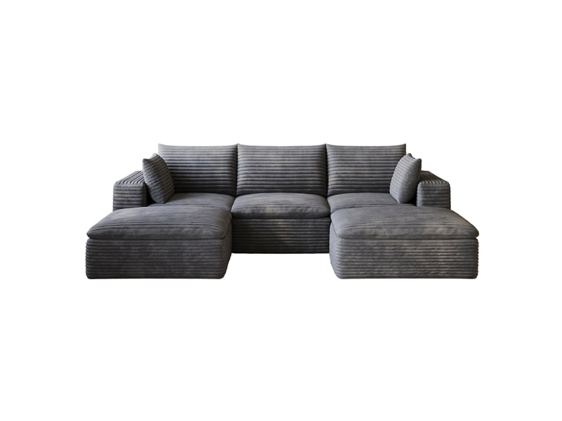 Canapé modulable 3 places avec 2 pouf en velours côtelé gris foncé, coussins déhoussables, sans montage, confort moelleux - Conforama A