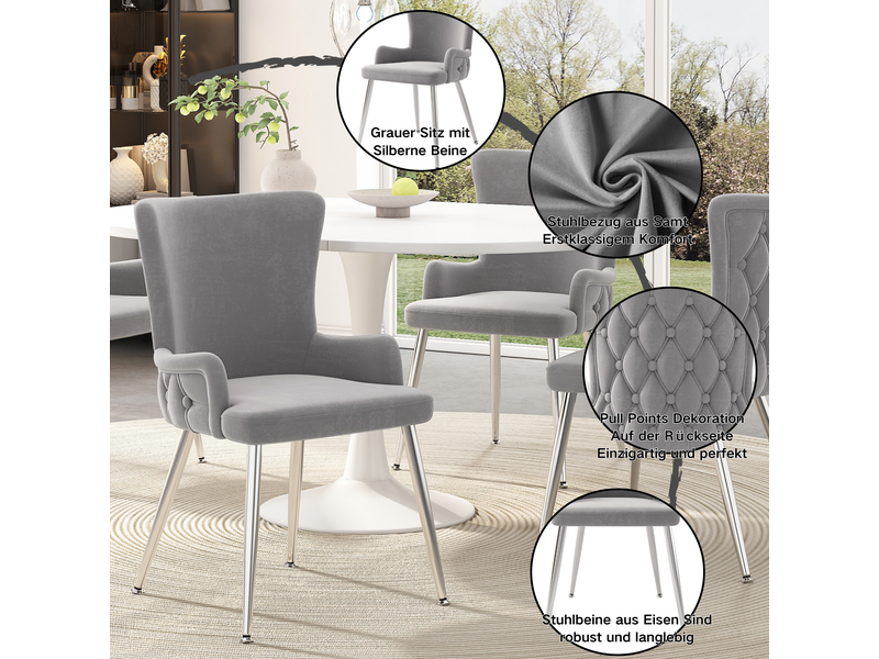  Lot de 6 chaises de salle à manger,55x47x85 cm,velours et métal argenté,gris  - Conforama E