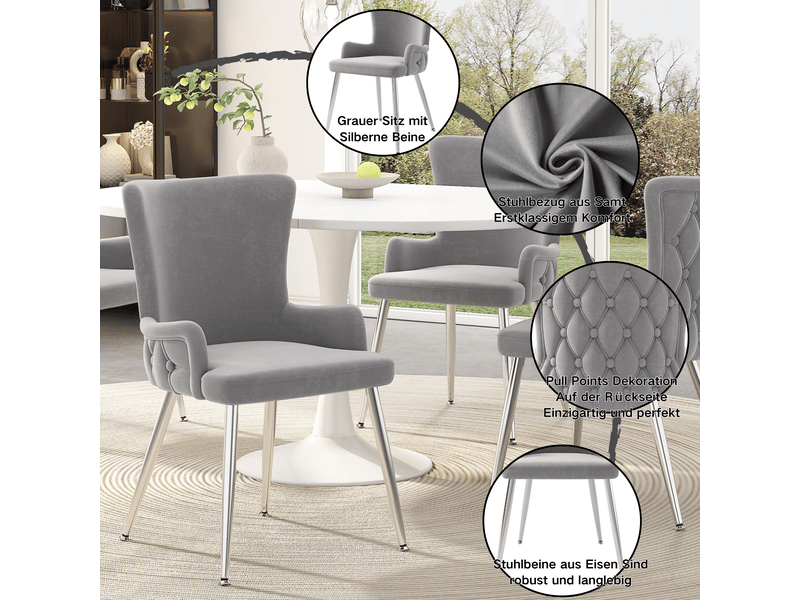  Lot de 6 chaises de salle à manger,55x47x85 cm,velours et métal argenté,gris  - Conforama E