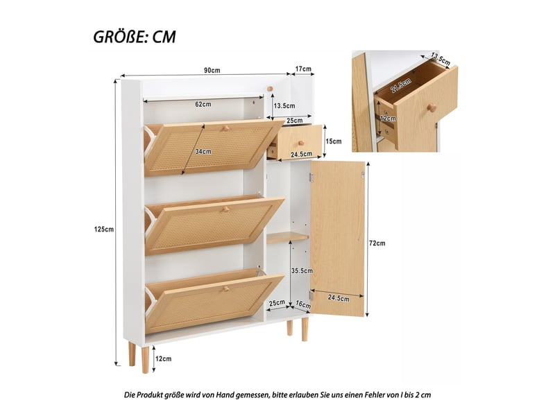  Meuble à chaussures - 90x17x125cm - meuble d'entrée 3 portes abattantes, 1 tiroir, cannage rotin - bois clair  - Conforama E