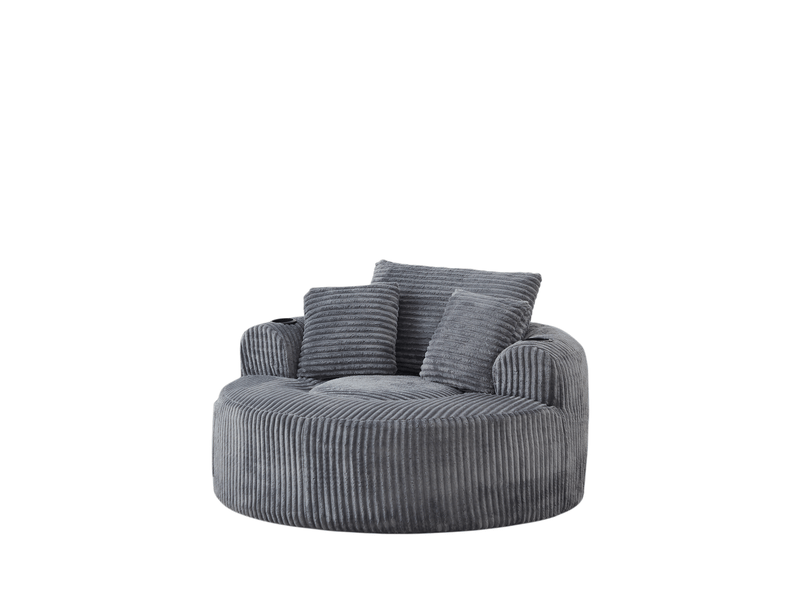  Fauteuil pouf rond 1 place avec porte-gobelets, poches latérales et 3 coussins amovibles en velours côtelé gris  - Conforama A