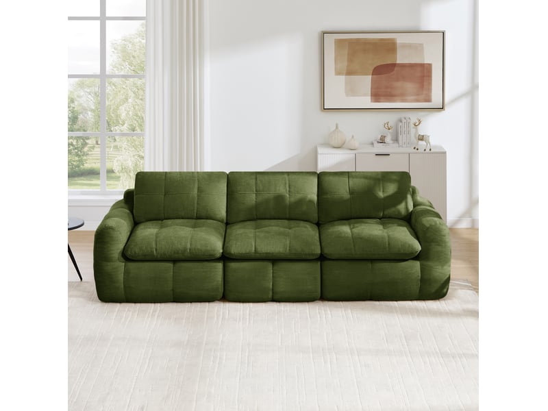  Canapé modulaire 3 places sans cadre avec assise ergonomique et matelassage quadrillé en chenille vert  - Conforama E