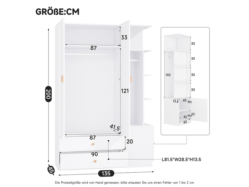 Armoire blanche avec 2 tiroirs et 2 tringles - 200x135x45 cm - rangement moderne pour chambre - Conforama C