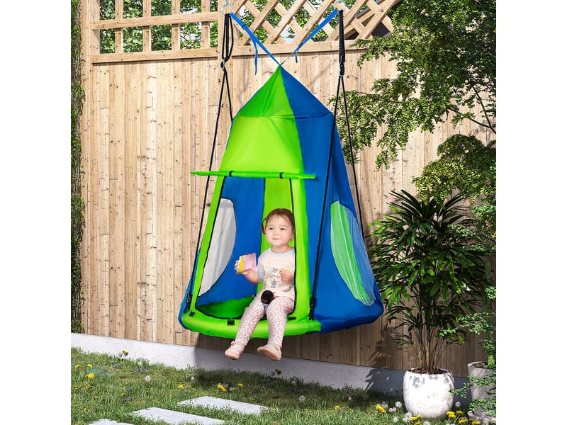  Balançoire nid d'oiseau ronde avec tente amovible ø 100 cm 4 anneaux inclus métal époxy oxford haute densité - vert et bleu  - Conforama B
