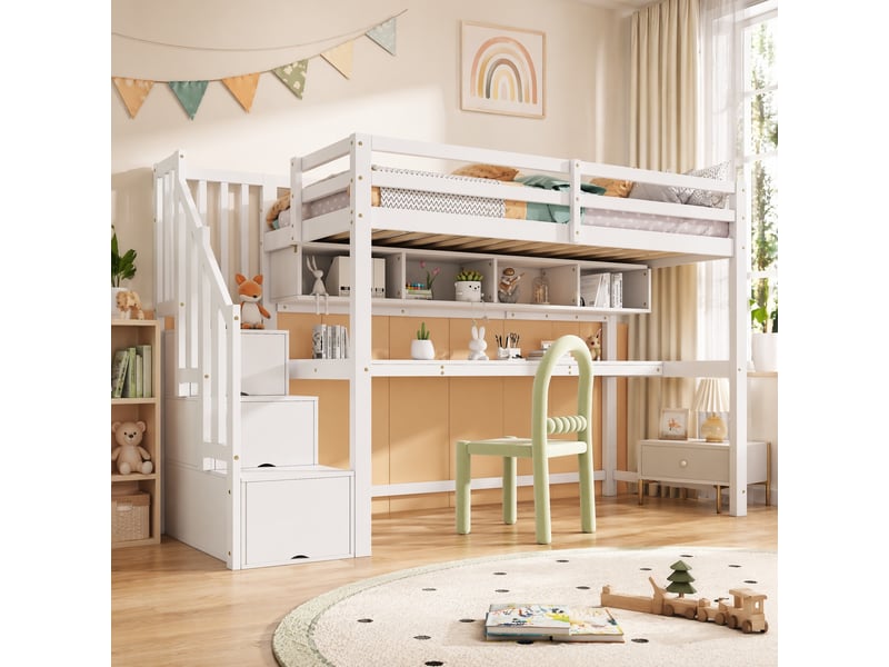  Lit mezzanine enfant avec escalier de rangement, bureau et étagères blanc 90 x 200 cm  - Conforama D