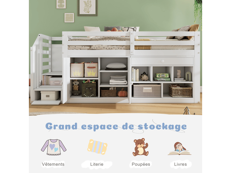 Lit mezzanine enfant 90x200 cm – blanc – bureau rabattable, rangements, escalier réversible - sans matelas - Conforama E