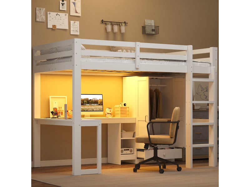  Lit mezzanine 90 x 200 cm avec bureau, armoire, étagères, éclairage led et port usb, lit multifonction gain de place, blanc evarich - Conforama B