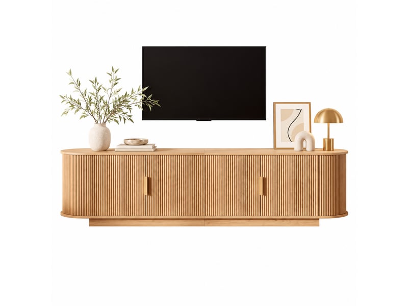  Meuble tv 180 cm façade ondulée, mdf et panneaux agglomérés,4 portes et poignées métal,bois clair  - Conforama A