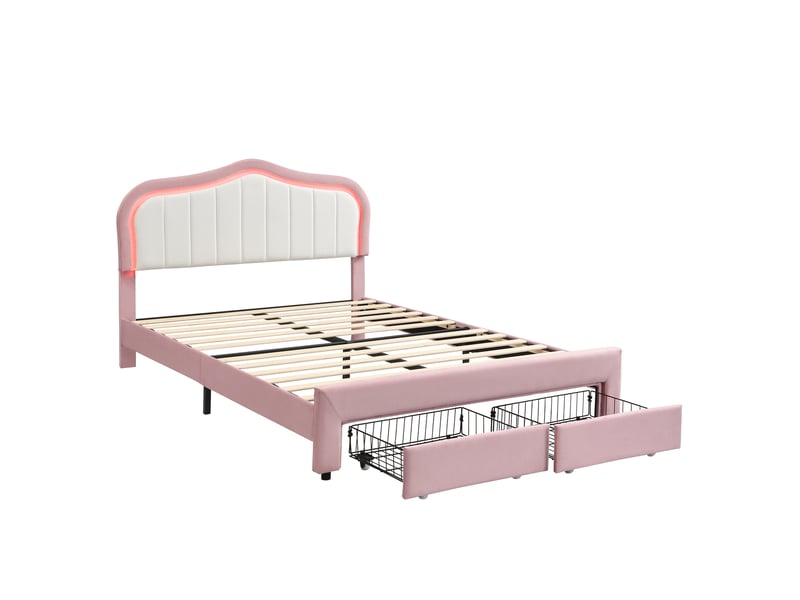  Lit enfant avec rangement 140 x 200 cm, led et velours rose  - Conforama D