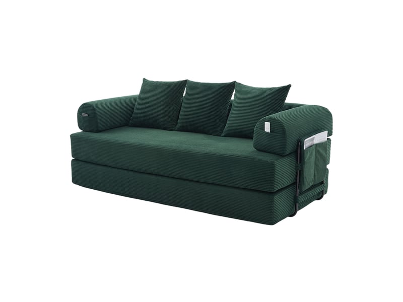 Canapé modulaire 3 places configurable avec poche latérale et 3 coussins en velours côtelé vert émeraude - Conforama A