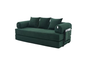 Canapé modulaire 3 places configurable avec poche latérale et 3 coussins en velours côtelé vert émeraude