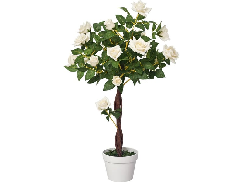  Plante artificielle de rose avec 21 fleurs, pot en béton et mousse, décor résistant aux uv, ø18x90 cm, blanc et vert  - Conforama A