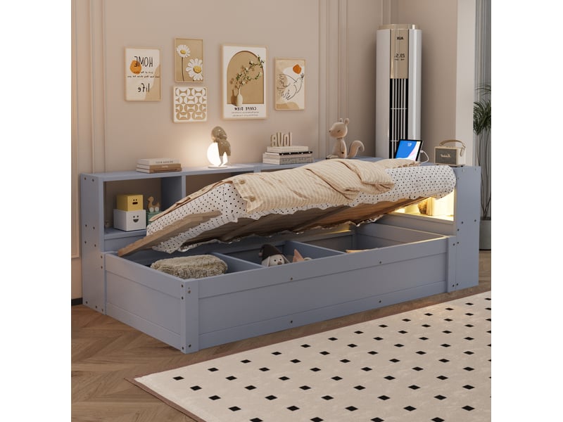  Lit simple 90x200 cm avec rangement hydraulique et led en bois gris  - Conforama C