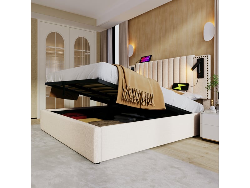  Lit coffre 140 x 200 cm beige avec matelas, liseuses et ports usbtype-c  - Conforama C