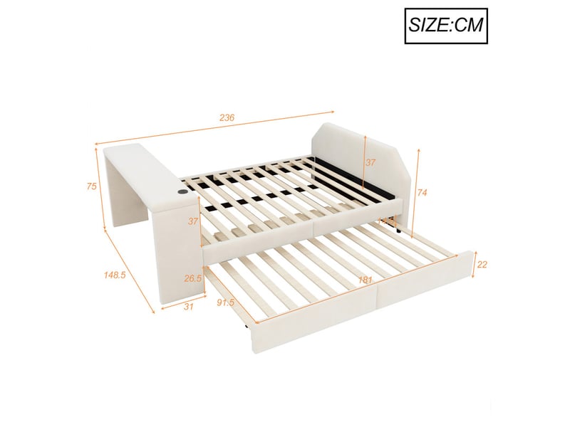 Lit pour enfant rembourré 140x200 cm – avec port de charge usb – avec lit gigogne – velours – beige (matelas non inclus) - Conforama C