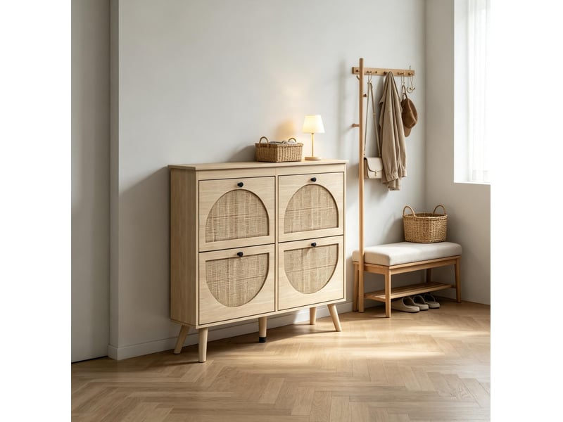  Meuble à chaussures tcqpz 105 x 24 x 97,5 cm 4 abattants rangement 20 paires bois naturel et rotin  - Conforama B