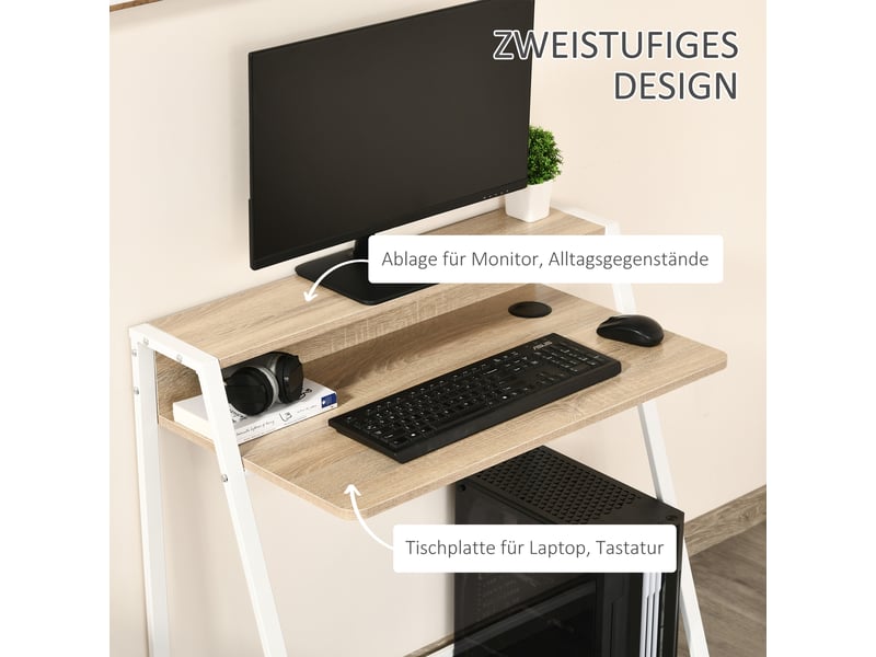  Bureau moderne avec tiroir et passe-câbles, structure métal finition chêne blanc 84x45x85 cm  - Conforama D