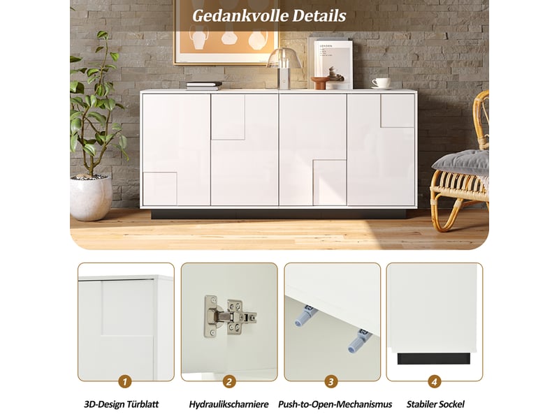 Buffet moderne 160x37x75,5 cm, meuble bas avec 4 portes blanches et pieds noirs, idéal pour petit espace salon - Conforama D