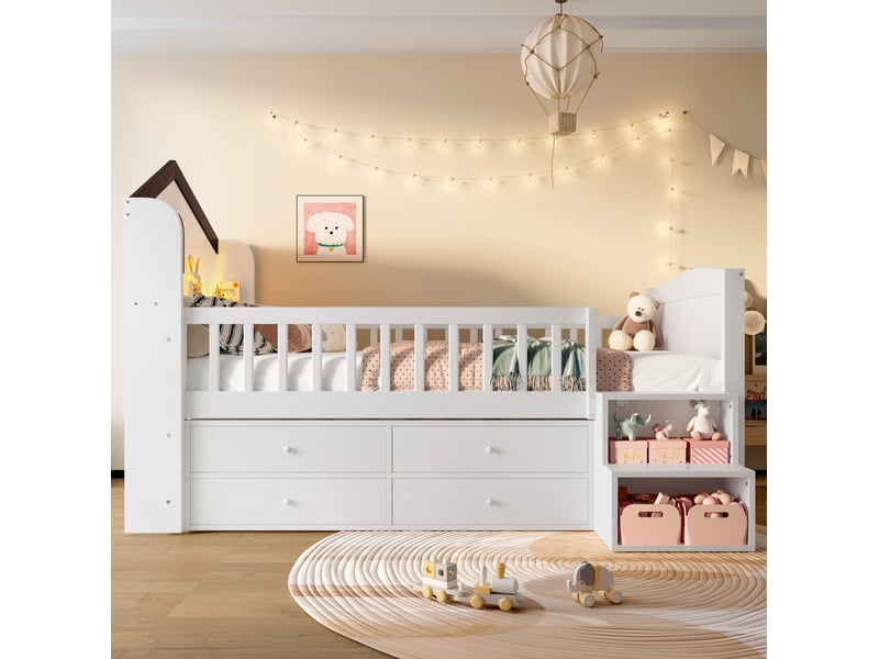  Lit cabane 90x200 cm équipé de fenêtre, led, 4 tiroirs, bois, coloris blanc, sans matelas  - Conforama B