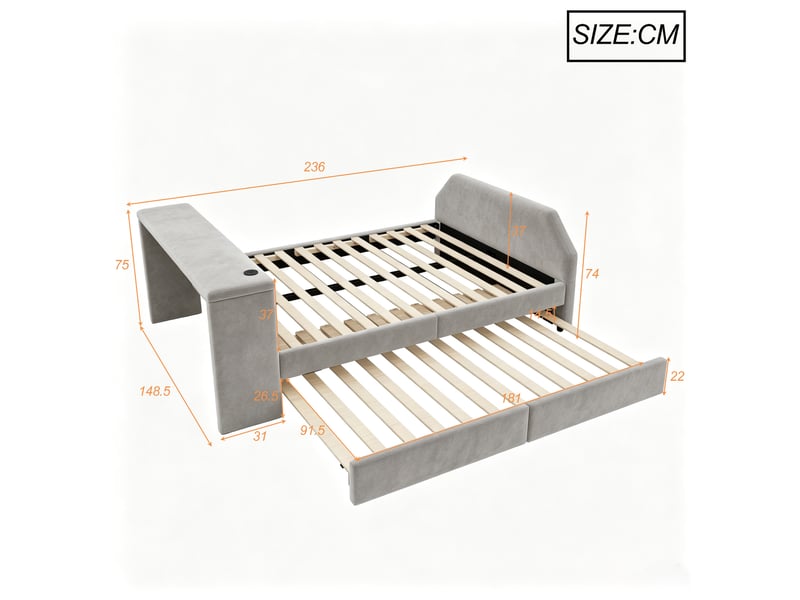  Lit enfant 140x200 cm avec bureau, port usb et lit gigogne en velours gris  - Conforama C