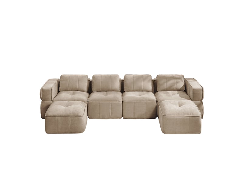  Canapé modulable en u 4 places avec 2 poufs, en polyester beige sable  - Conforama A