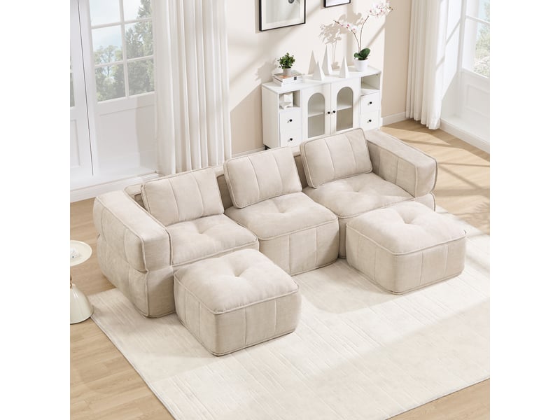  Canapé modulable d’angle en u 3 places en polyester beige, 271 x 162 x 67 cm, sans montage, mousse haute densité 32d, assise profonde, avec 2 poufs Luxe haut de gamme - Conforama B