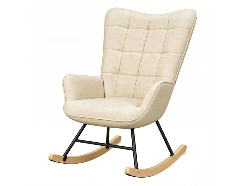 Fauteuil à bascule 67,5 x 65 x 95 cm beige en velours, métal et bois, dossier haut pour lecture et détente - Conforama A