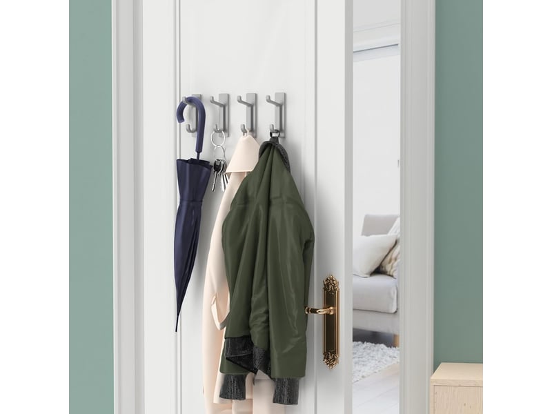 Lot de 4 crochets adhésifs muraux - porte serviette salle de bain, manteau, torchon cuisine, antirouille, argent, gris AMFR002883YJN - Conforama E