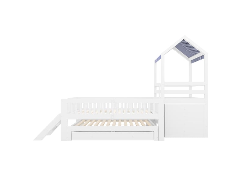  Lit gigogne 90x190 cm - lit cabane enfant 90x200 cm - 4 tiroirs, escalier et toit en tissu - bois massif blanc  - Conforama W
