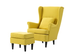 Fauteuil à oreilles avec repose-pieds, fauteuil rembourré avec pieds en bois d'hévéa, revêtement en tissu, jaune