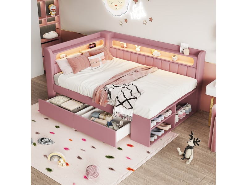  Lit banquette 90 x 200 cm, lit enfant type banquette, 2 tiroirs, bureau intégré, étagères ouvertes, éclairage led, ports usb et usb-c, tissu, rose Morn Vibe - Conforama D