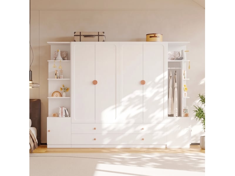  Armoire 6 portes avec 4 tiroirs et 4 penderies, rangements modulables pour chambre, blanc, 270 × 45 × 200 cm  - Conforama D