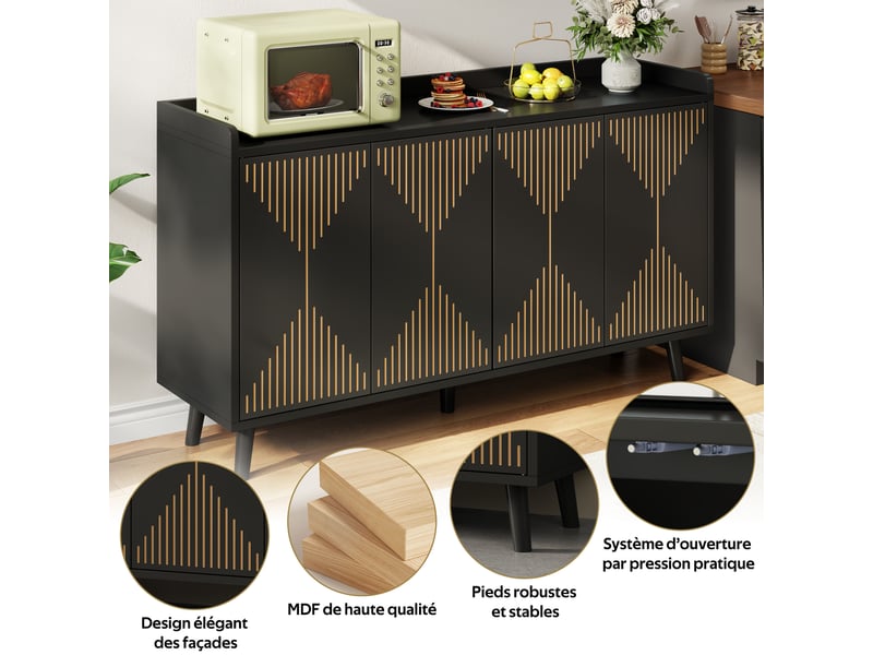 Buffet bas 140 x 40 x 84 cm en mdf, 4 portes, étagères réglables et plateau ouvert, rangement salle à manger, noir - Conforama B
