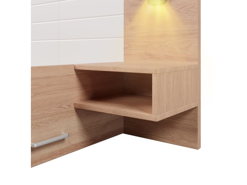 Lit double 180x200 cm avec rangement, 2 tiroirs et 2 chevets, tête de lit avec lampe de lecture USB, sommier à lattes effet bois et blanc - Sans matelas Fay Lum - Conforama D