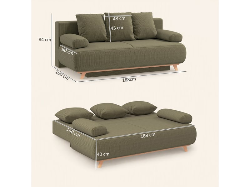  Canapé convertible avec coffre de rangement, banquette clic clac lit 2-3 places pour salon, et revêtement velours côtelé 188x100x84 cm, vert  - Conforama E