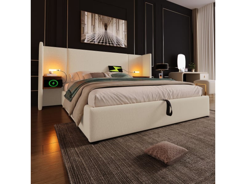  Lit double 160x200cm en lin beige avec matelas - rangement, chevets, lampe de lecture et usb-c.  - Conforama W