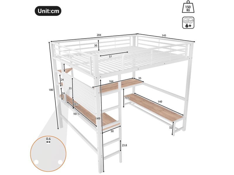 Lit mezzanine 140 x 200 cm avec bureau, étagères, led, prises usb et usb-c, blanc - Conforama C
