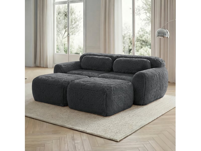  Canapé modulaire 2 places avec fonction couchage, 2 poufs, sans montage, en tissu pelucheux gris, 204 × 179 × 73 cm  - Conforama D