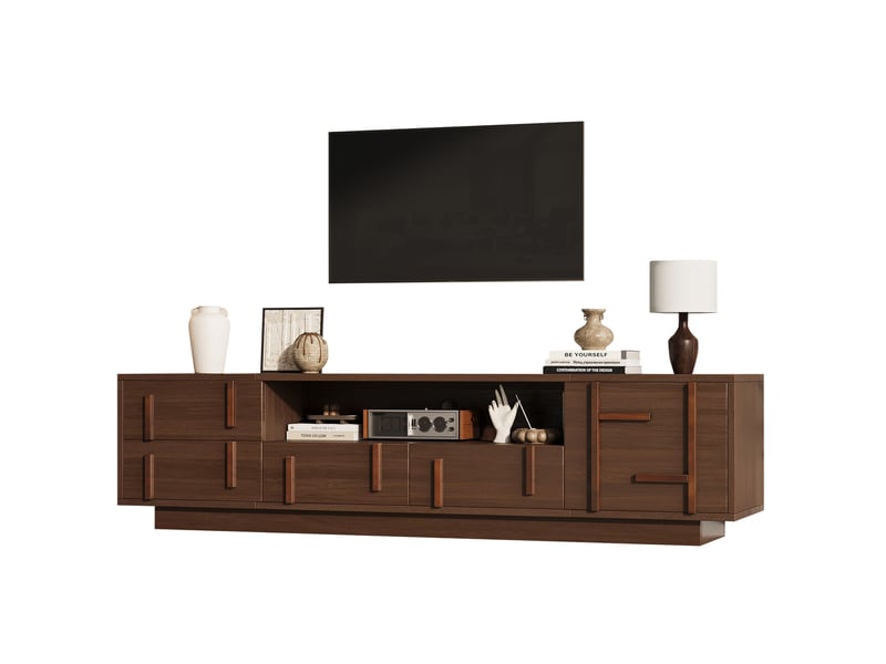  Meuble tv 180x40x45 cm avec 4 tiroirs et un porte en mdf, passage de câbles, couleur marron, design vintage  - Conforama A
