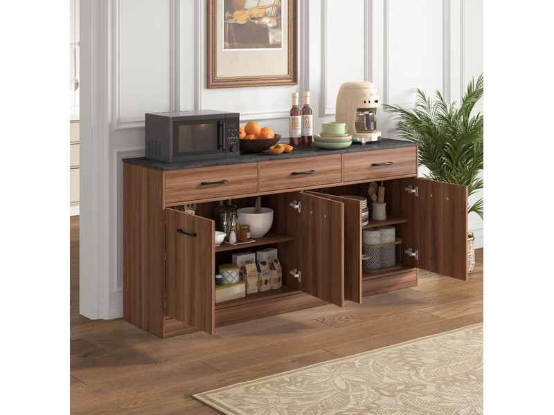  Buffet de cuisine 160 x 37 x 76,5 cm couleur noyer en mdf, 3 tiroirs et 2 rangements avec étagères  - Conforama B