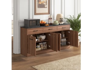 Buffet de cuisine 160 x 37 x 76,5 cm couleur noyer en mdf, 3 tiroirs et 2 rangements avec étagères