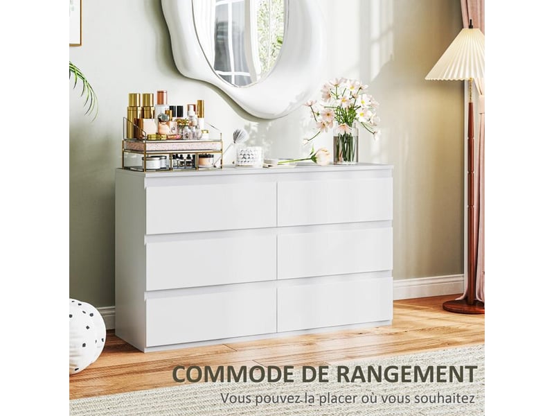  Commode 6 tiroirs meuble de rangement sans poignées design minimaliste 120 x 39 x 75 cm blanc  - Conforama D