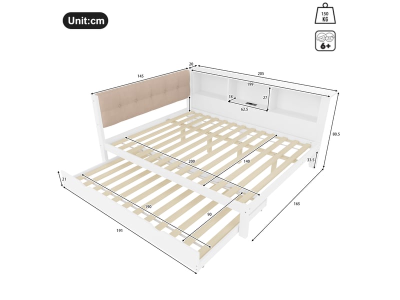  Lit banquette 140x200 lit gigogne en bois de pin blanc avec port usb et led  - Conforama C