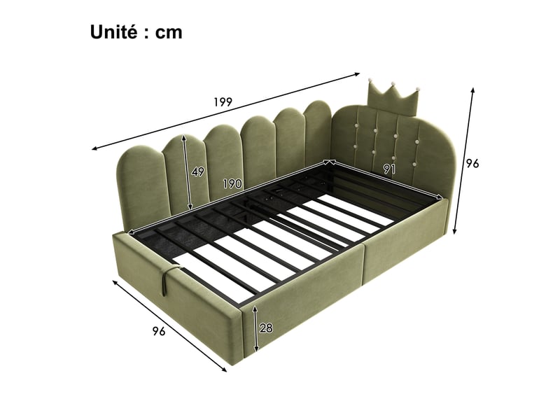  Lit banquette 90 x 190 cm avec coffre hydraulique et dossier latéral, velours vert  - Conforama C