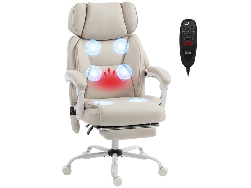Fauteuil de bureau à dossier haut avec fonction massage vibrant et chauffage, ergonomique, inclinable, avec repose-pieds, blanc crème - Conforama A