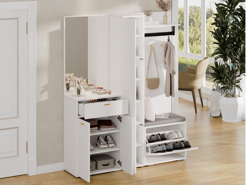  Meuble d'entrée 150 x 36 x 180 cm avec miroir, penderie, 3 portes, meuble à chaussures basculant, banc et tiroir, blanc  - Conforama D