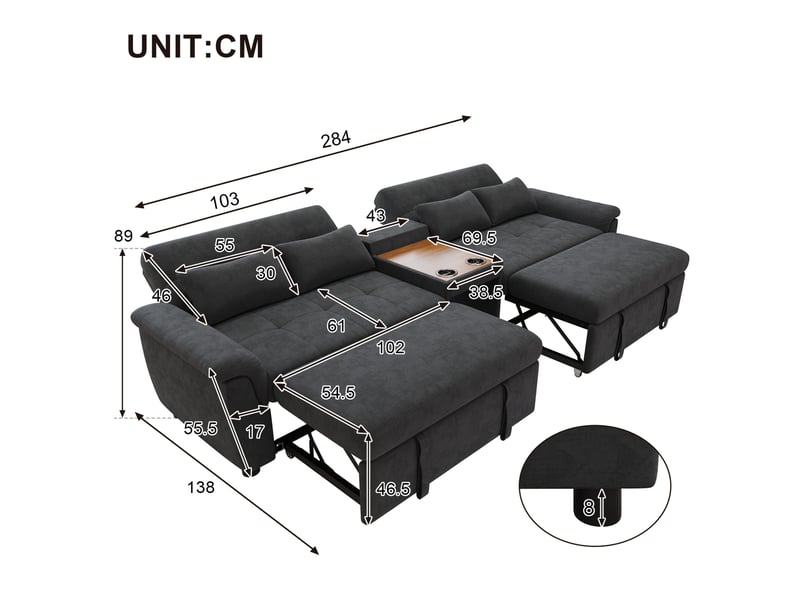 Canapé convertible 284x138x89 cm, deux porte-gobelets, dossier 3 positions, double couchage, chenille, gris foncé - Conforama C